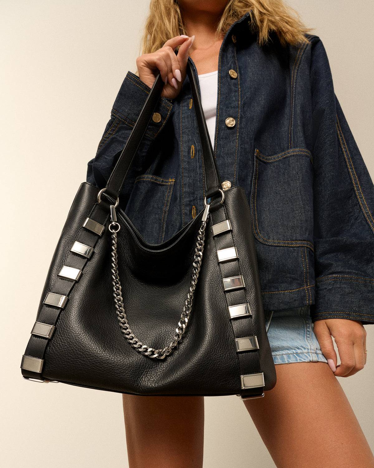 RAPT Links Tote Black Leather Shoulder Bag, Silver Hardware