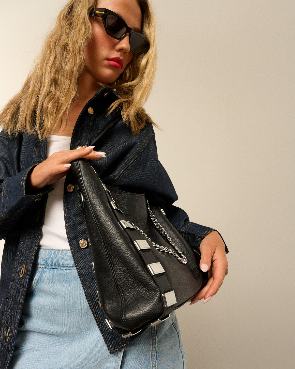 RAPT Links Tote Black Leather Shoulder Bag, Silver Hardware