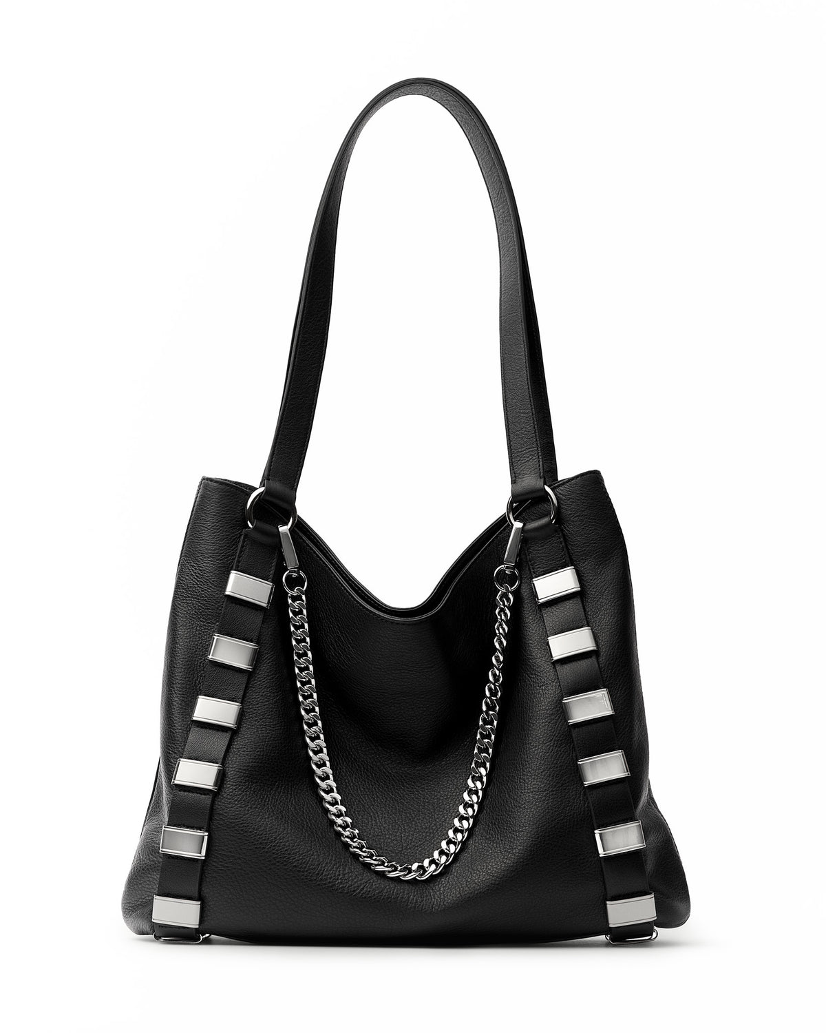 RAPT Links Tote Black Leather Shoulder Bag, Silver Hardware